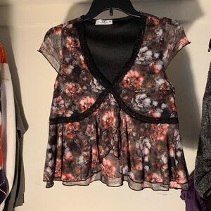 Floral Sheer Black and Red Top by Rebellious Dreamer
